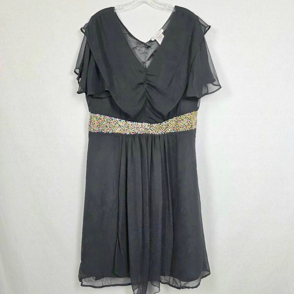 Roaman’s Plus Beaded Waist Black Chiffon Dress 16W